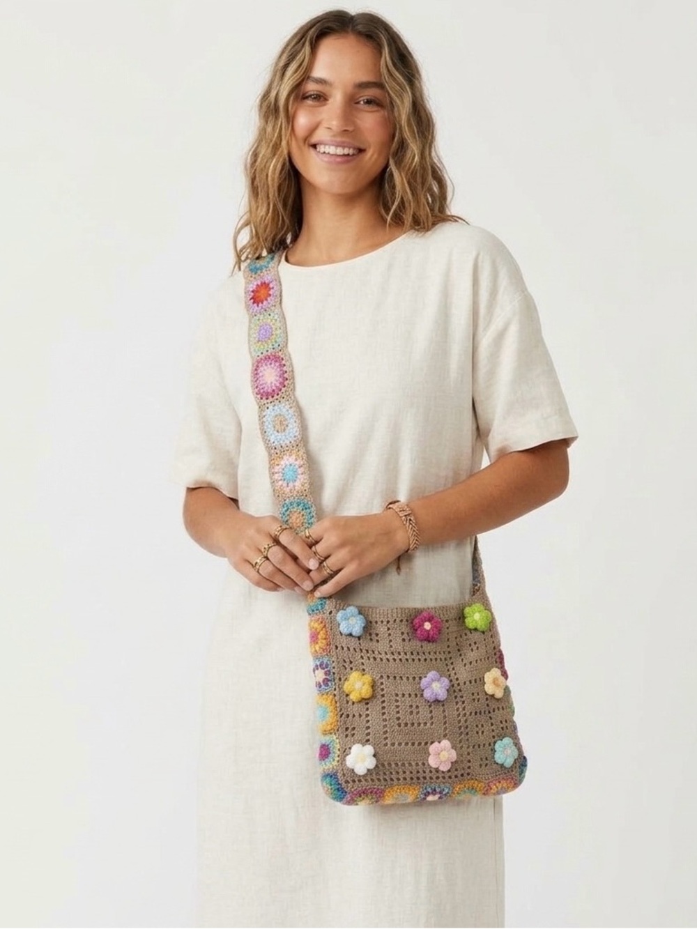 Boho Granny Square Crochet Crossbody Bag – Tan with Pastel Floral Accents
